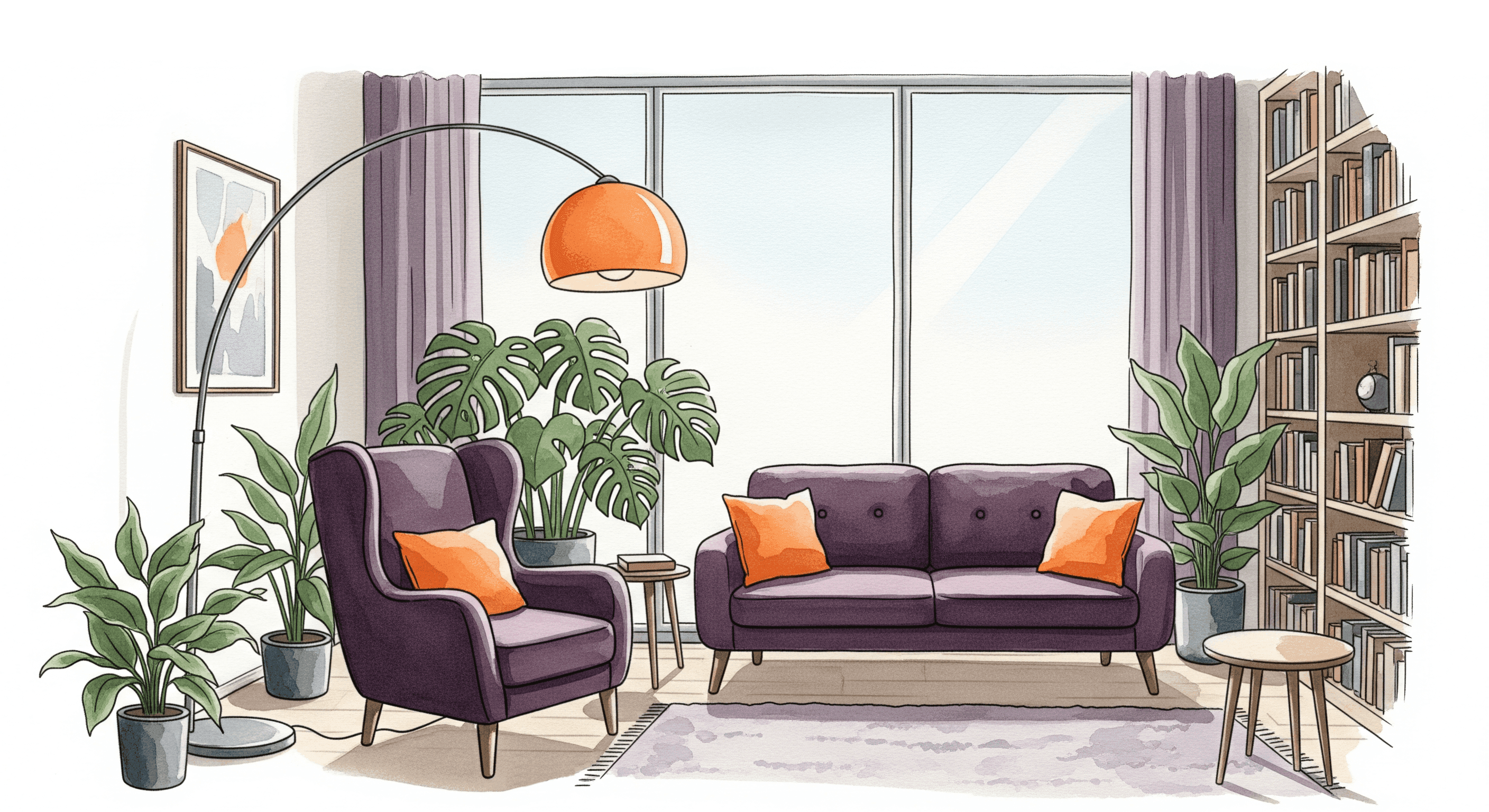A colourful illustration of a therapy room including a comfy looking arm chair, a couch and a number of houseplants.